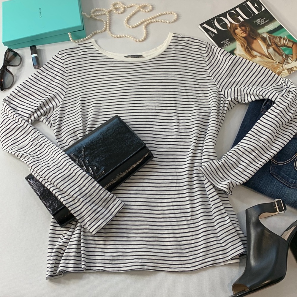Vince Brand Striped Long Sleeved Shirt - Striped Blue and White Cotton - XL